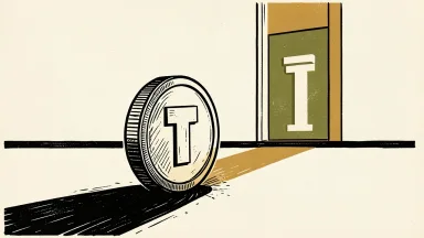 Ruanyun Edai Technology facing Nasdaq compliance requirements: a coin on a flat surface sits below a horizontal threshold line near a distant doorway.