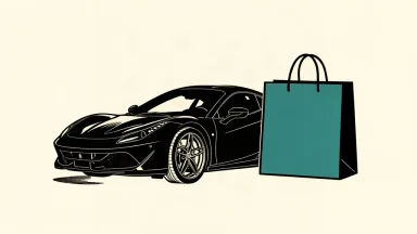 A black ink illustration of a sports car parked next to a large shopping bag on ivory paper.