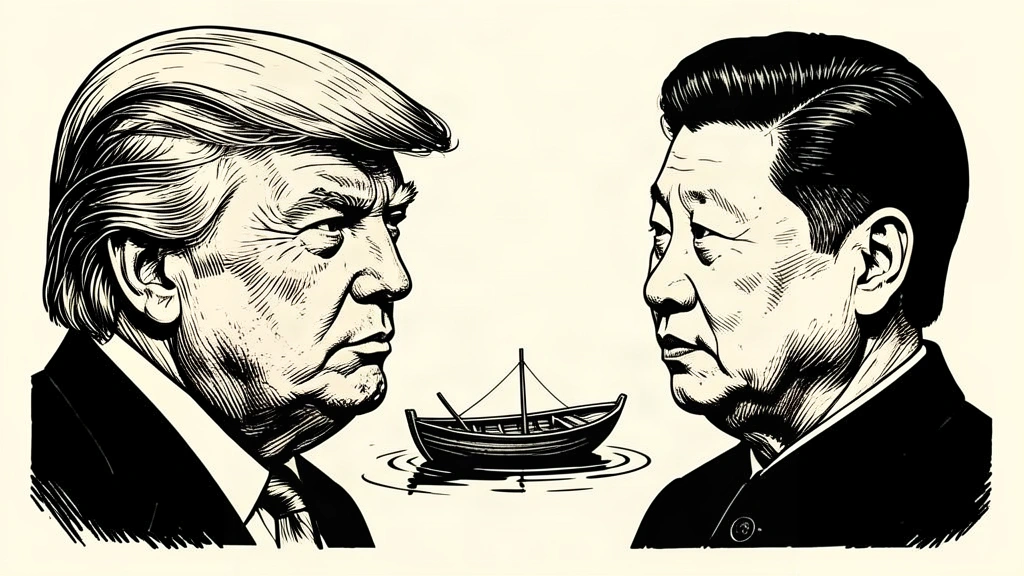 An editorial illustration showing the profiles of Trump and Xi facing each other with a small, vulnerable boat positioned in the gap between them. Identity photo references adapted into illustration: Daniel Torok (Public domain; https://commons.wikimedia.org/wiki/File:Official_Presidential_Portrait_of_President_Donald_J._Trump_(2025).jpg); source https://commons.wikimedia.org/wiki/File:Official_Presidential_Portrait_of_President_Donald_J._Trump_(2025).jpg | Официальный веб-сайт Президента Российской Федерации (CC BY 4.0; https://creativecommons.org/licenses/by/4.0); source https://commons.wikimedia.org/wiki/File:Chinese_President_Xi_May_2024.jpg