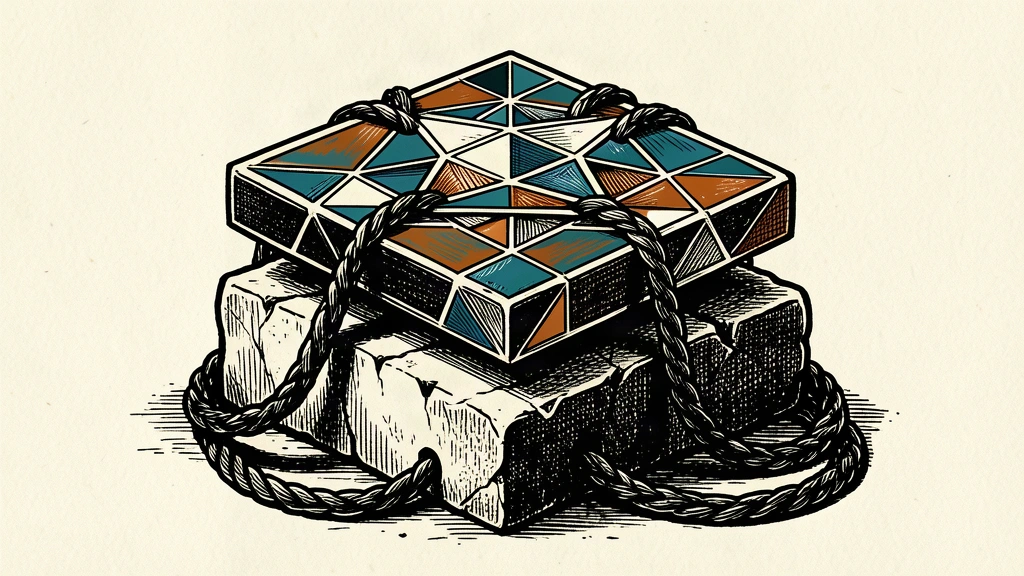 A large geometric tile representing AI is secured to a heavy pedestal by a thick, taut cable and a metal anchor.