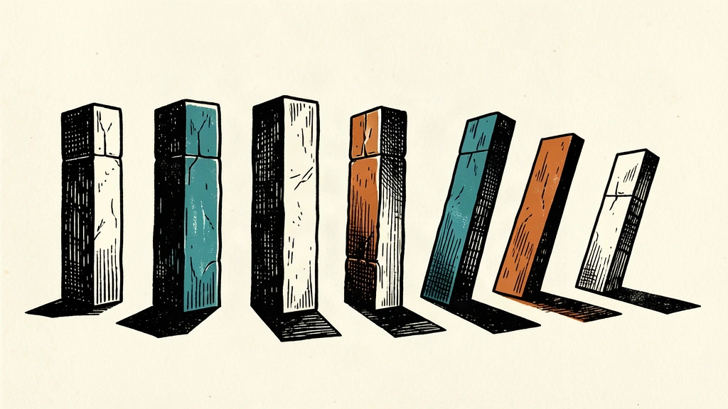 A row of stone pillars where half are perfectly vertical and the other half are tilted at different angles, showing a shift from uniformity to unevenness.