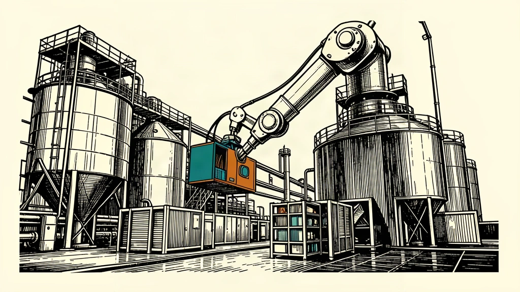 An illustration of a large industrial manufacturing plant being upgraded by a modern robotic arm installing new components.