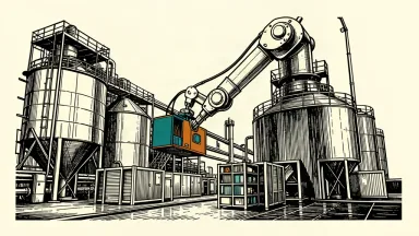 An illustration of a large industrial manufacturing plant being upgraded by a modern robotic arm installing new components.