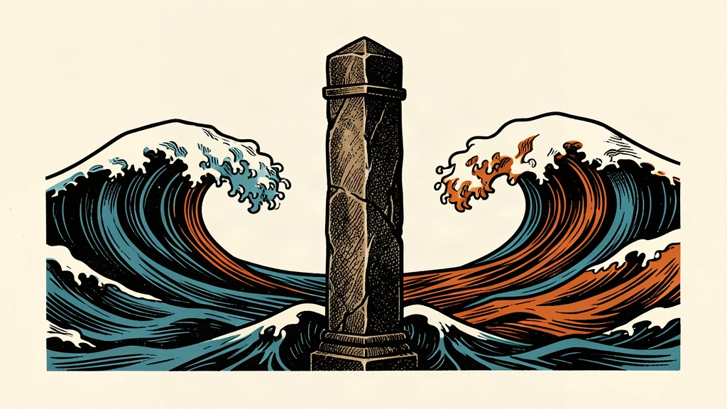An editorial illustration showing a central stone pillar acting as a breakwater between two large waves.