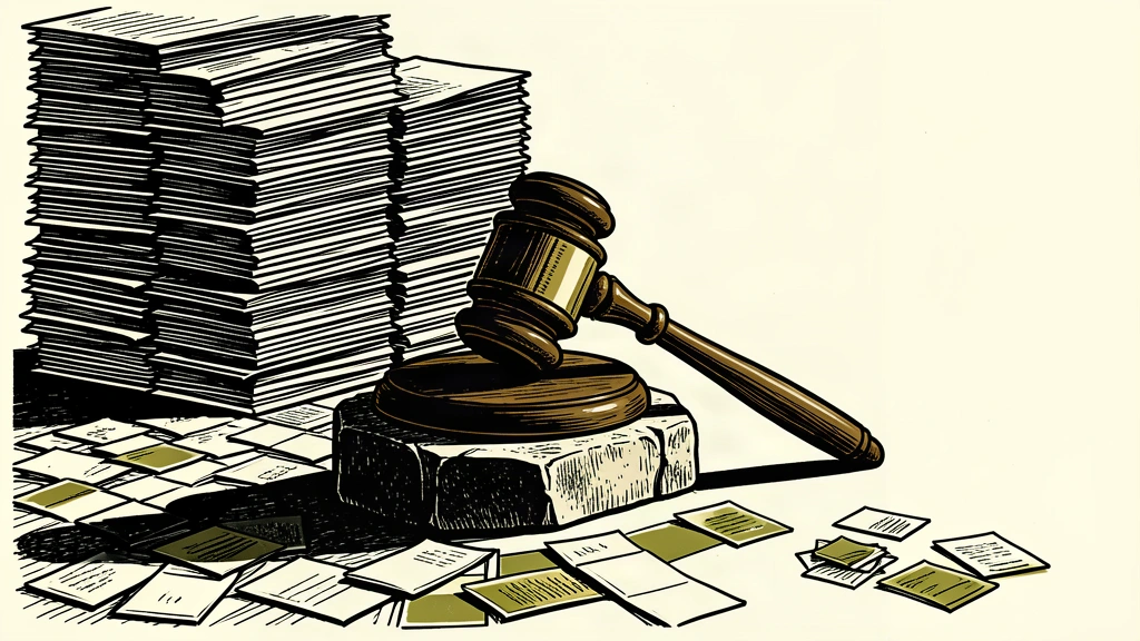 An editorial illustration showing a gavel next to a massive pile of paper slips representing sell orders, contrasted with a tiny group of slips representing buys.