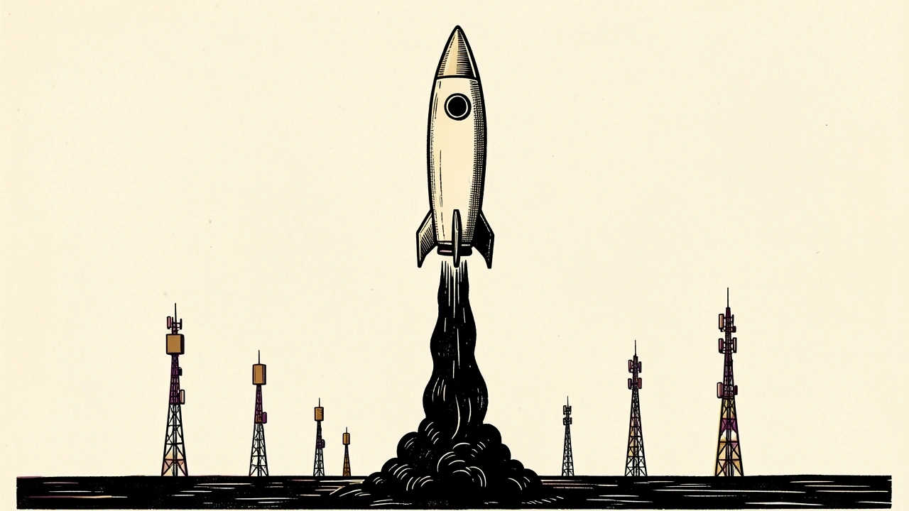 SpaceX rising on a spectrum deal as telecom competitors fall: a rocket ascends above several smaller transmission towers.