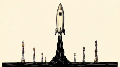SpaceX rising on a spectrum deal as telecom competitors fall: a rocket ascends above several smaller transmission towers.