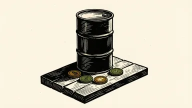 Higher oil prices lift purchasing power in Canada, shown by an oil barrel and scattered coins on an uneven platform.
