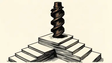 Greenland Mines shares rise on a new stock offering: a heavy mining drill bit supported by a rising staircase of paper stock certificates.