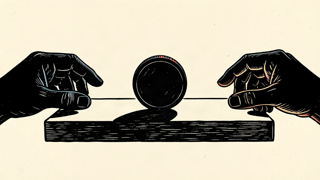 An editorial illustration of a single black coin balanced on its edge on a stone-like slab, with two silhouetted hands framing it to represent a set valuation.