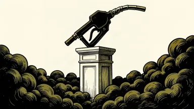 An editorial illustration of a fuel nozzle elevated on a high stone pedestal above a rising bank of dark smoke.
