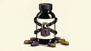 Hims & Hers faces a class action lawsuit over data privacy: a medicine bottle is bound by a heavy chain and padlock.