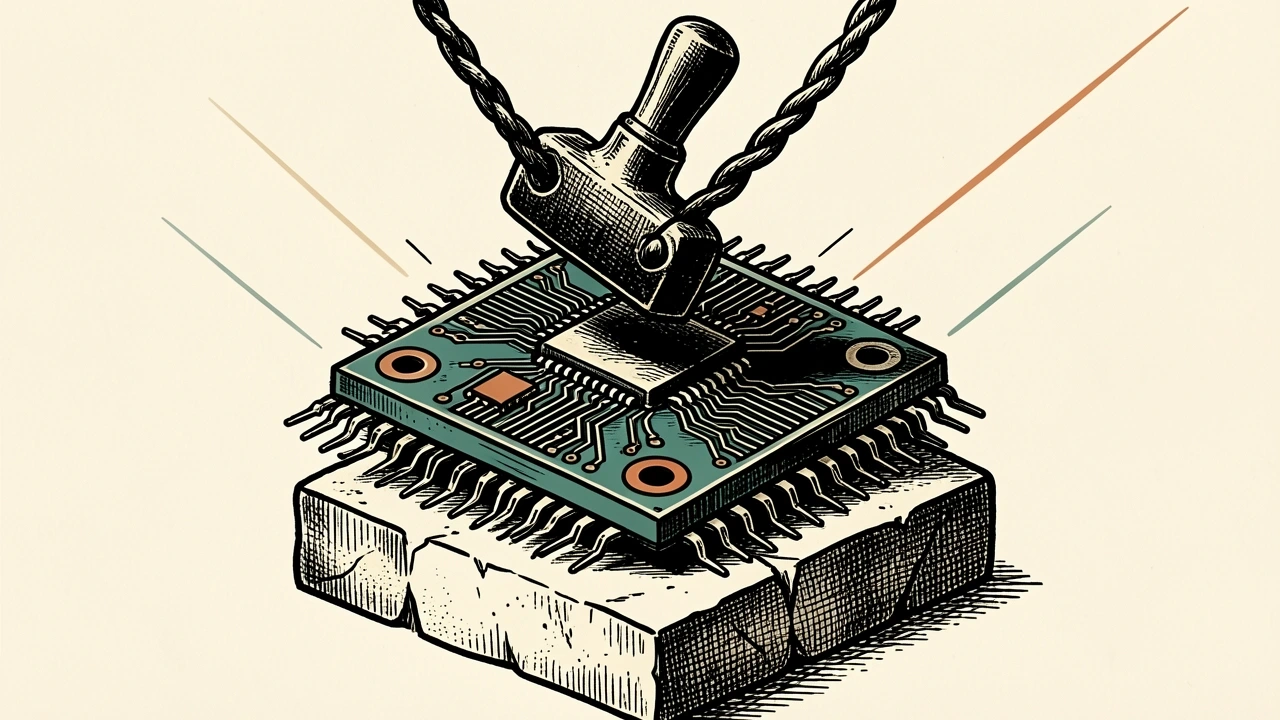 US stocks recovering as AI sell-off pressure eases: a large computer chip on a pedestal with a heavy weight being lifted off it.