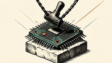 US stocks recovering as AI sell-off pressure eases: a large computer chip on a pedestal with a heavy weight being lifted off it.