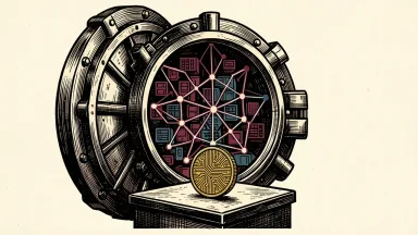 Morgan Stanley launches a Digital Asset Lab: a traditional bank vault door opens to reveal a glowing blockchain lattice and a circuit-patterned coin on a pedestal.