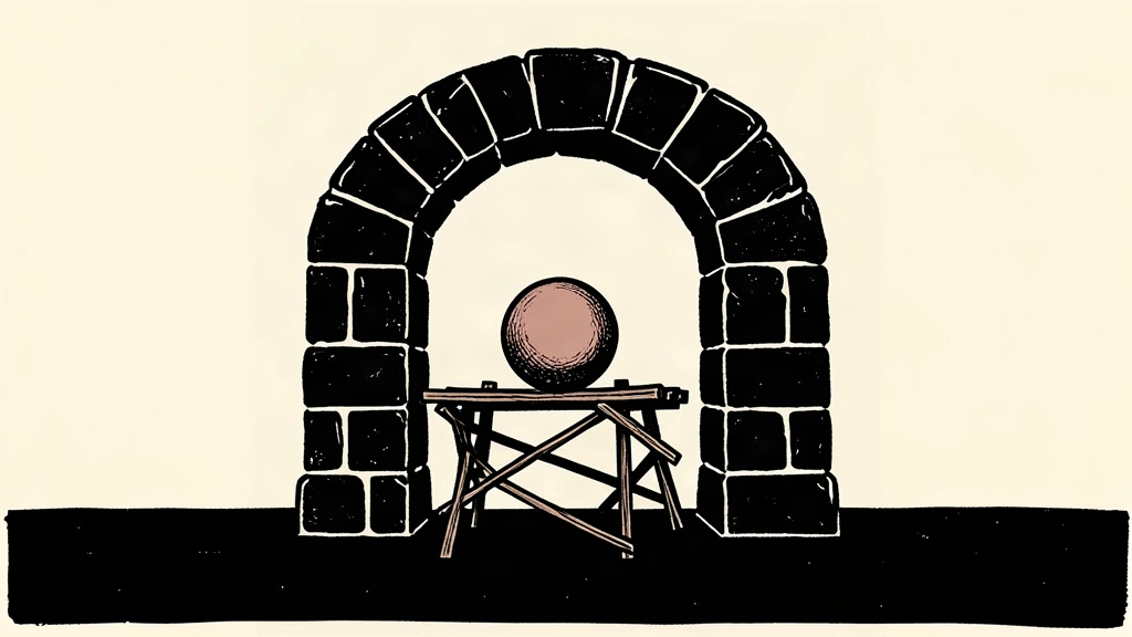 A conceptual linocut of a smooth sphere balanced on a temporary wooden scaffold within a stone archway.