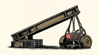 The Dow Jones Industrial Average pulled down by IBM and Walmart: a heavy beam tilting under the weight of a server rack and a shopping cart.