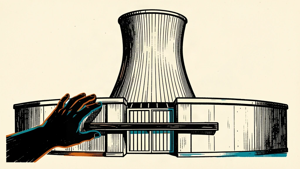 An editorial illustration showing a hand pressing against a barred gate surrounding a nuclear cooling tower, representing diplomatic pressure over inspector obstruction.