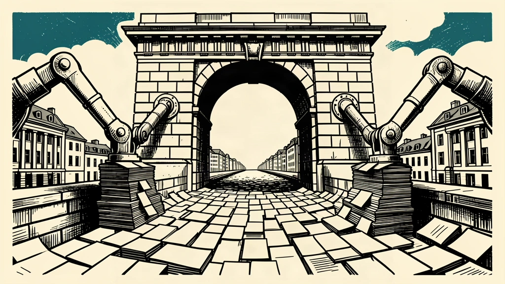 A large stone archway with mechanical arms organizing a river of paper bonds into neat stacks.