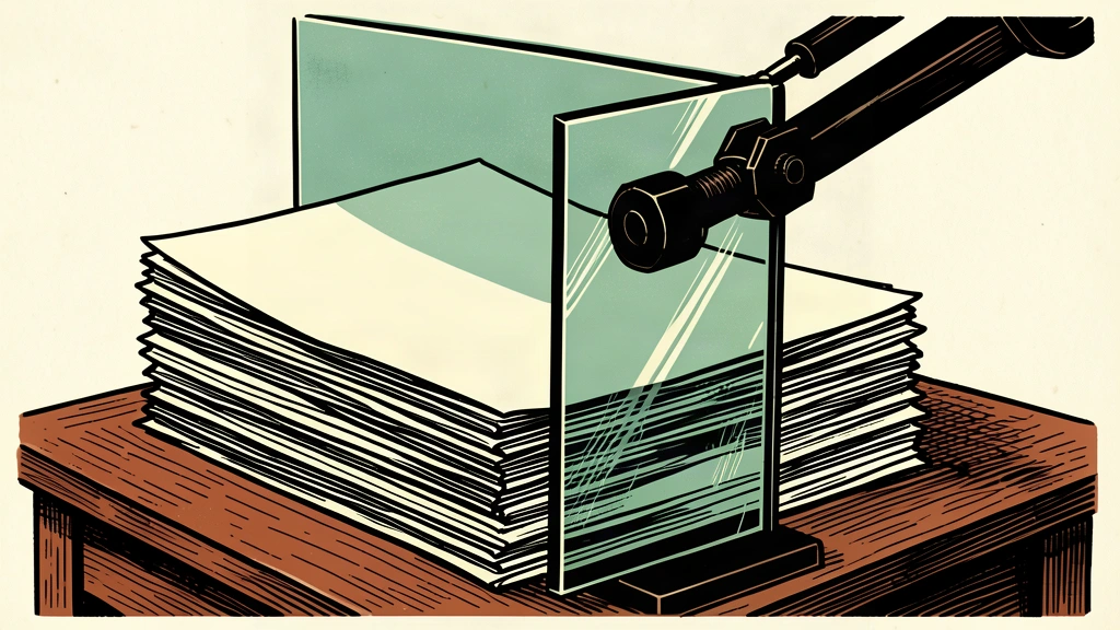 An editorial illustration showing a stack of documents blocked by a heavy glass barrier, representing a data delay.