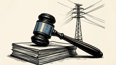 Flotek Industries facing a securities fraud deadline: a legal gavel rests on a stack of papers before an industrial power transmission tower.