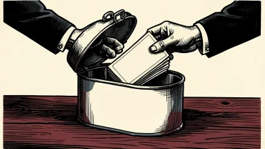 Hormel Foods director buys shares: a pair of hands in suit sleeves places stock certificates into an open canned ham tin.