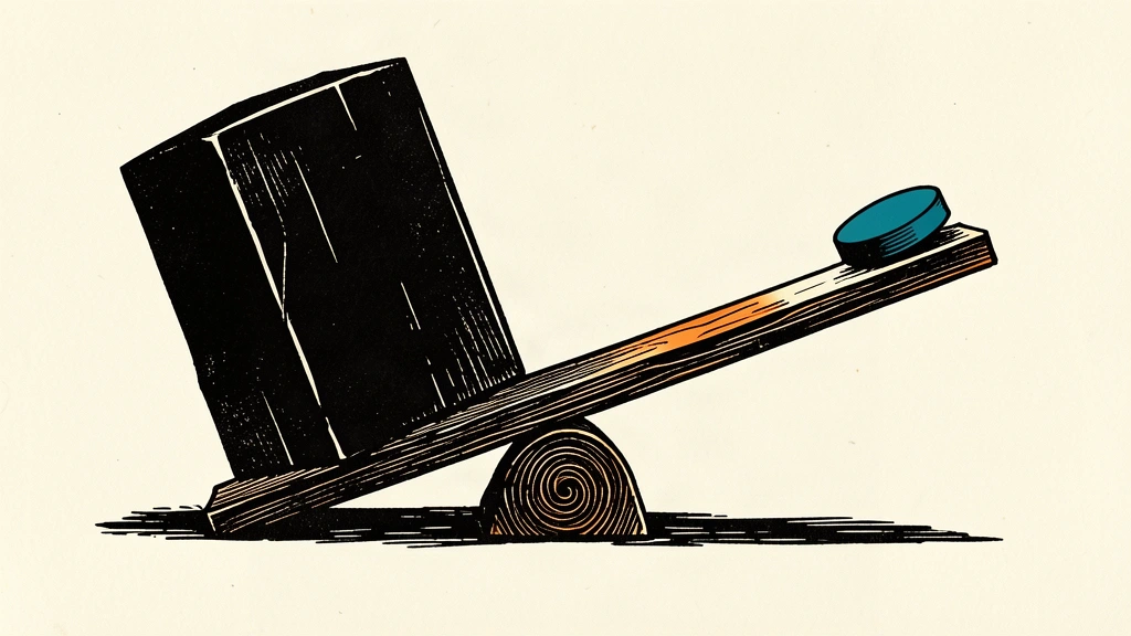 A heavy dark block on a balance scale causes a smaller disc to slide off the tilted opposite side.