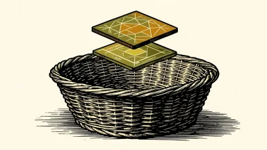 Village Super Market digital sales growth: two glowing geometric tiles stacked vertically above a wicker grocery basket.