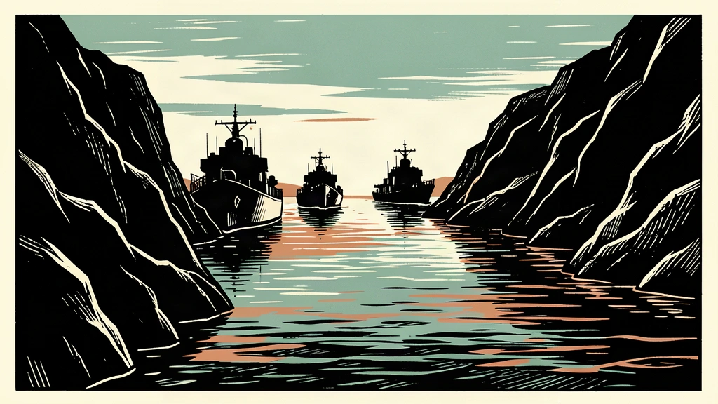 An editorial illustration showing a line of naval ships navigating a narrow strait between two rocky shores.