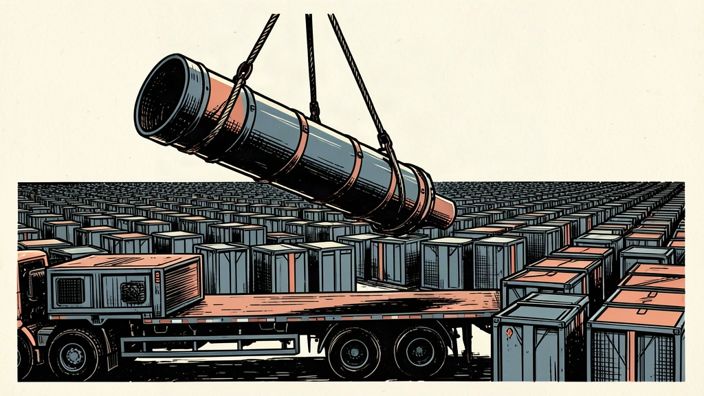 An editorial illustration showing a massive grid of missile canisters being prepared for transport, representing a large-scale defense acquisition.