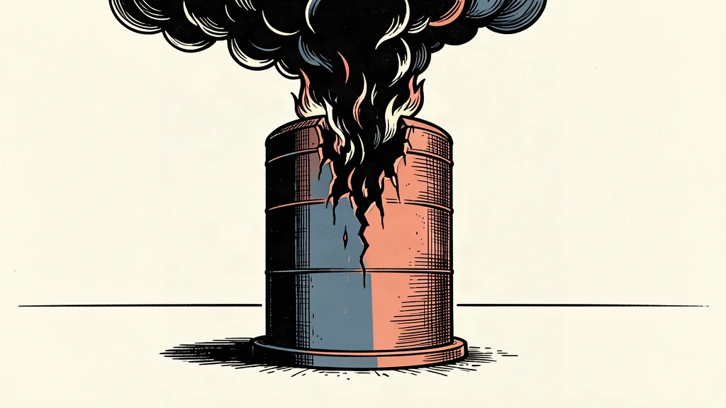 A stylized illustration of a single fuel storage tank with a plume of smoke and flames rising from a rupture on its side.