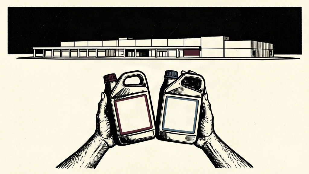 An editorial illustration showing a person carrying two jugs of motor oil away from a distant warehouse, representing purchase limits.