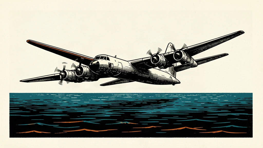 A strategic bomber with swept wings and contra-rotating propellers flies over a dark, open sea.