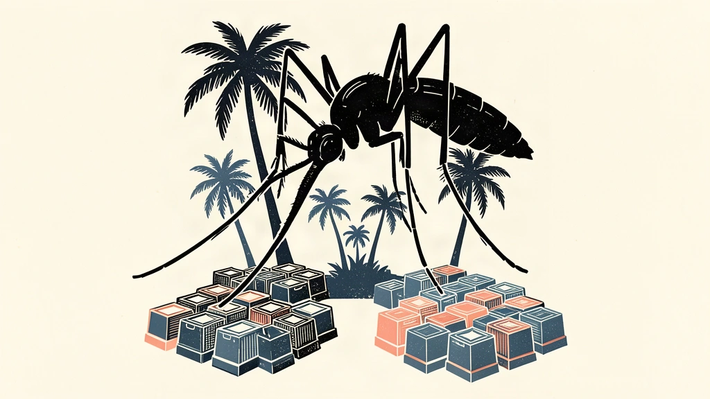 An editorial illustration showing a large mosquito silhouette above palm trees and two groups of tiles representing a doubling of cases.