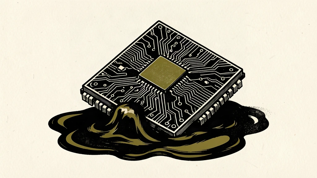 A large microchip partially submerged and tilted by a rising pool of dark oil.