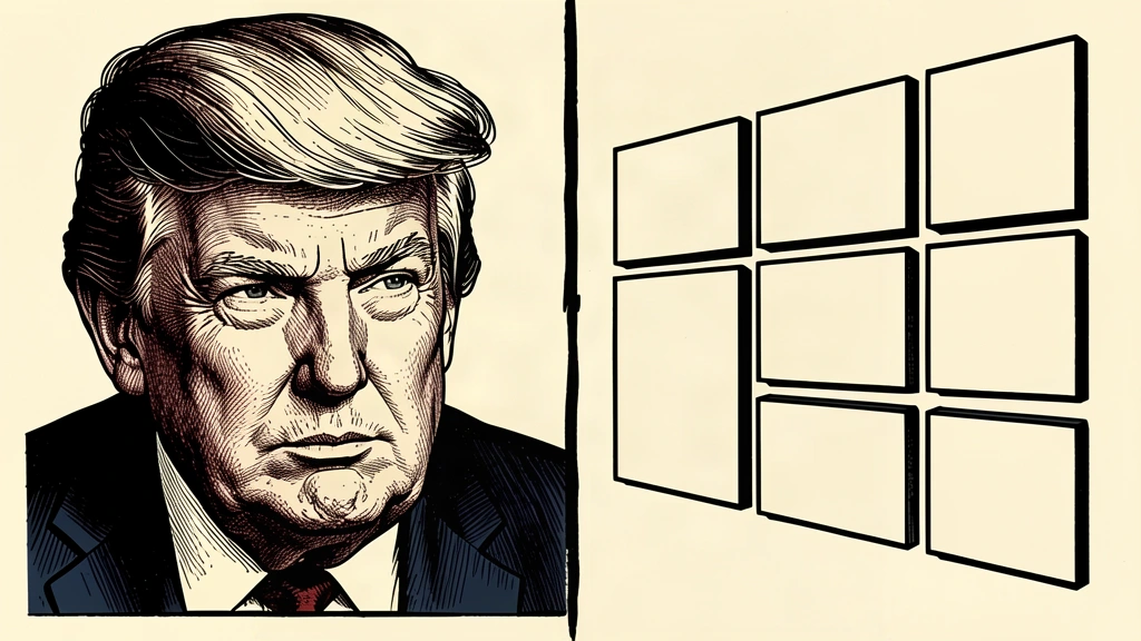 An editorial illustration of Donald Trump looking at a grid of blank, silent tiles, representing the lack of incident reporting guidelines in his AI framework. Identity photo references adapted into illustration: Daniel Torok (Public domain; https://commons.wikimedia.org/wiki/File:Official_Presidential_Portrait_of_President_Donald_J._Trump_(2025).jpg); source https://commons.wikimedia.org/wiki/File:Official_Presidential_Portrait_of_President_Donald_J._Trump_(2025).jpg