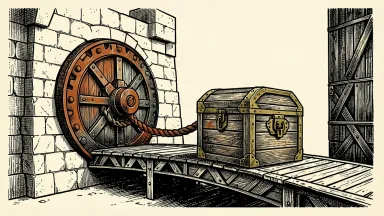 Fortress Credit Realty Income Trust secures financing from Capital One: a heavy chest is pulled across a bridge toward an open stone fortress gate.