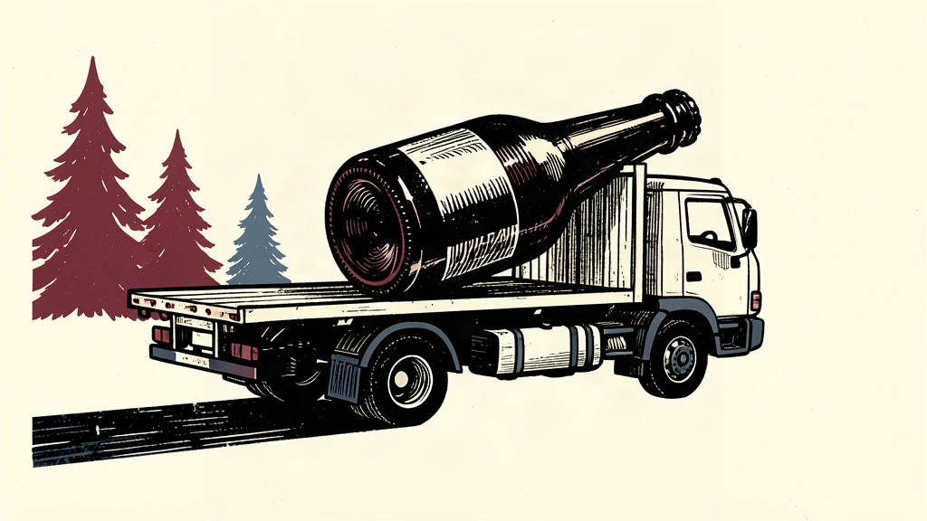 An illustration of a large beer bottle being transported on a flatbed truck across a border line to represent production moving to the US.