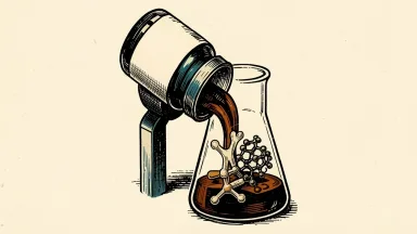 AstraZeneca invests in Summit Therapeutics: liquid from a large pharmaceutical vial flows into a lab flask where two different molecular structures bond together.