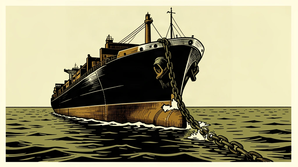 A large oil tanker continues its journey as a heavy chain meant to block it falls away in pieces.