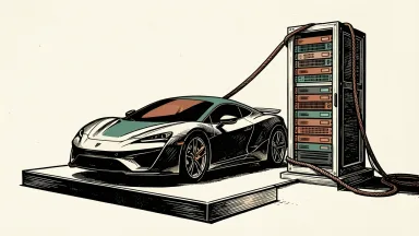 Tesla and CoreWeave market movement: a sleek sports car on a stage beside a server rack being pulled downward by a heavy cable.