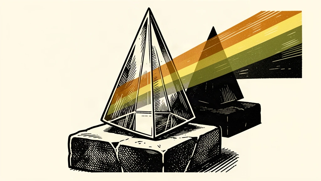A clear glass prism on a pedestal refracting light, while a second prism remains in the shadows behind it.