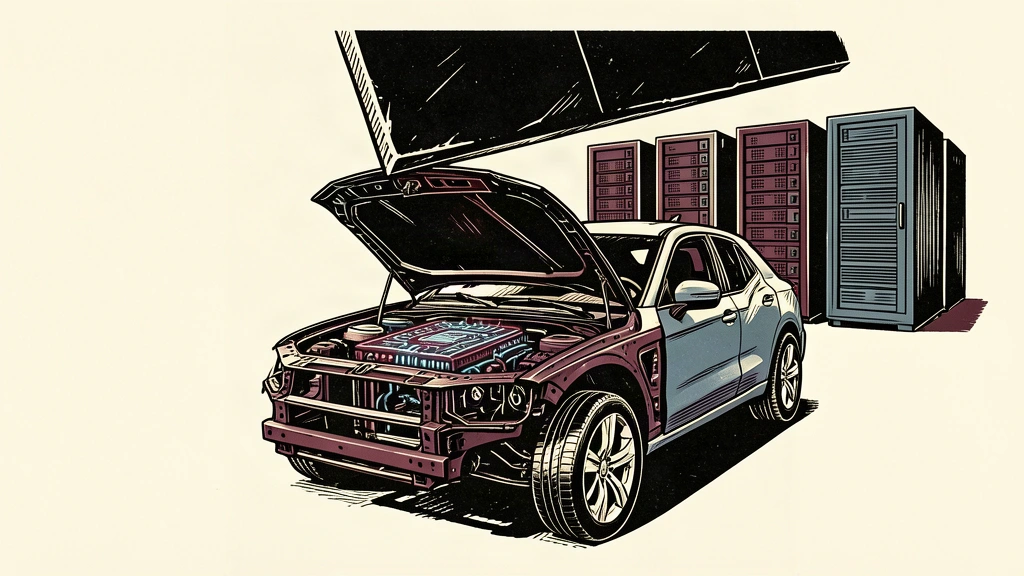 An editorial illustration showing a car chassis being separated from a server network by a heavy descending barrier.