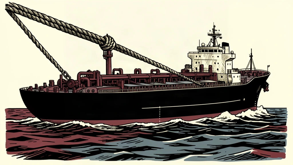 A large industrial oil tanker ship sits low in the water with a taut mooring rope.