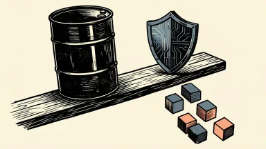 The S&P 500 under pressure from rising oil prices and yields: a heavy oil barrel tilts a plank, causing growth stocks to slide while a cybersecurity shield remains.