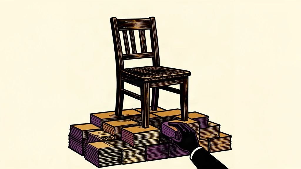 An empty chairman's chair sits on a platform of blocks being completed by a pair of hands.
