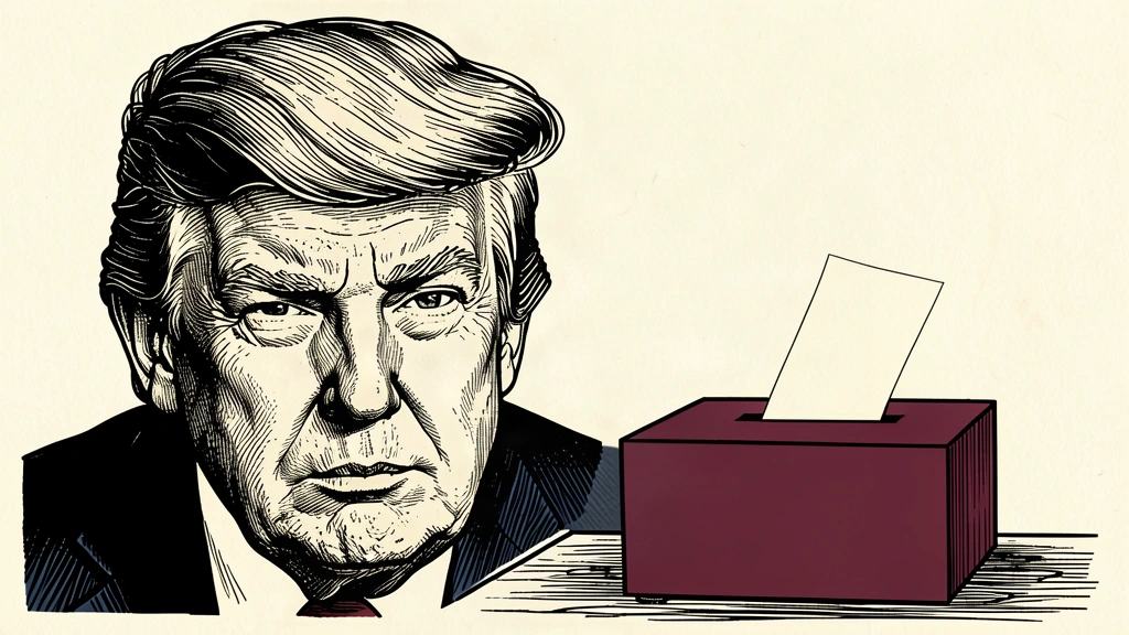 A black ink portrait of Donald Trump next to a simple ballot box and a falling ballot. Identity photo references adapted into illustration: Daniel Torok (Public domain; https://commons.wikimedia.org/wiki/File:Official_Presidential_Portrait_of_President_Donald_J._Trump_(2025).jpg); source https://commons.wikimedia.org/wiki/File:Official_Presidential_Portrait_of_President_Donald_J._Trump_(2025).jpg