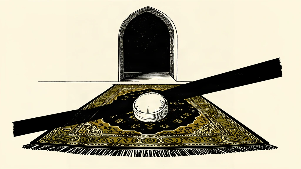 A conceptual editorial illustration showing an overturned white clerical turban on a patterned prayer rug inside an arched space, with a sharp black shadow cutting across the scene to signify a violent disruption.