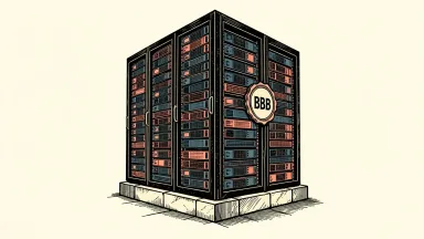 Digital Realty Trust senior notes rated BBB by Fitch: a large server rack with a BBB seal pressed onto its side, standing on a solid stone base.