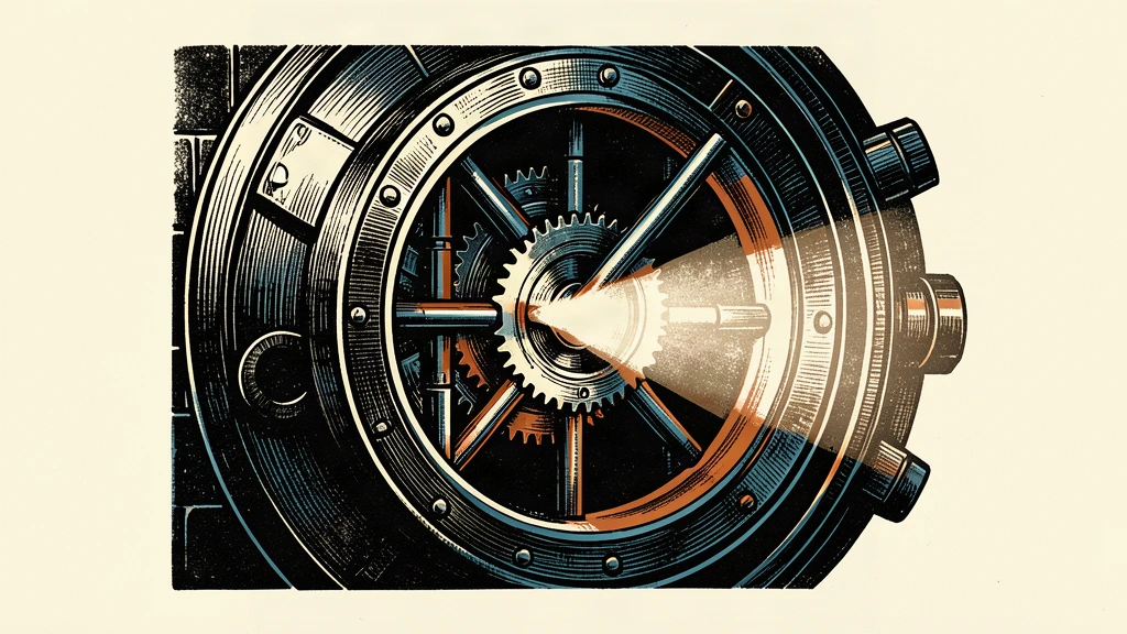 A heavy bank vault door is cracked open, with a beam of light revealing the complex internal locking mechanisms.